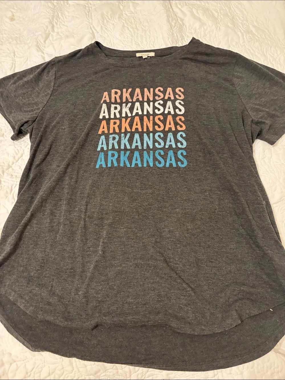 Maurices Gray 'Arkansas' Graphic Tee with Pink, White, Orange & Blue Print - Picture 1 of 1